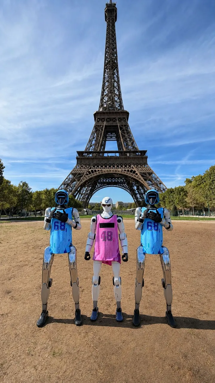 Tři humanoidní roboti ROBOrevue v Paříži u Eiffelovy věže